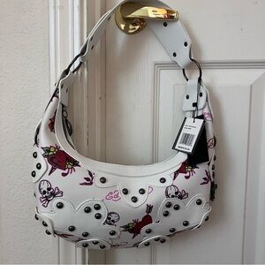 ED HARDY Studded White Vegan Leather Tattoo Crescent Bag NEW NWT